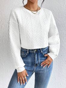 SHEIN Essnce 女士春秋休闲纯色长袖圆领短款运动衫、长袖上衣 - 白色 - 查看 7