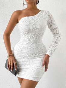 SHEIN LUNE 破洞單肩緊身連衣裙 - 白色 - 查看 1