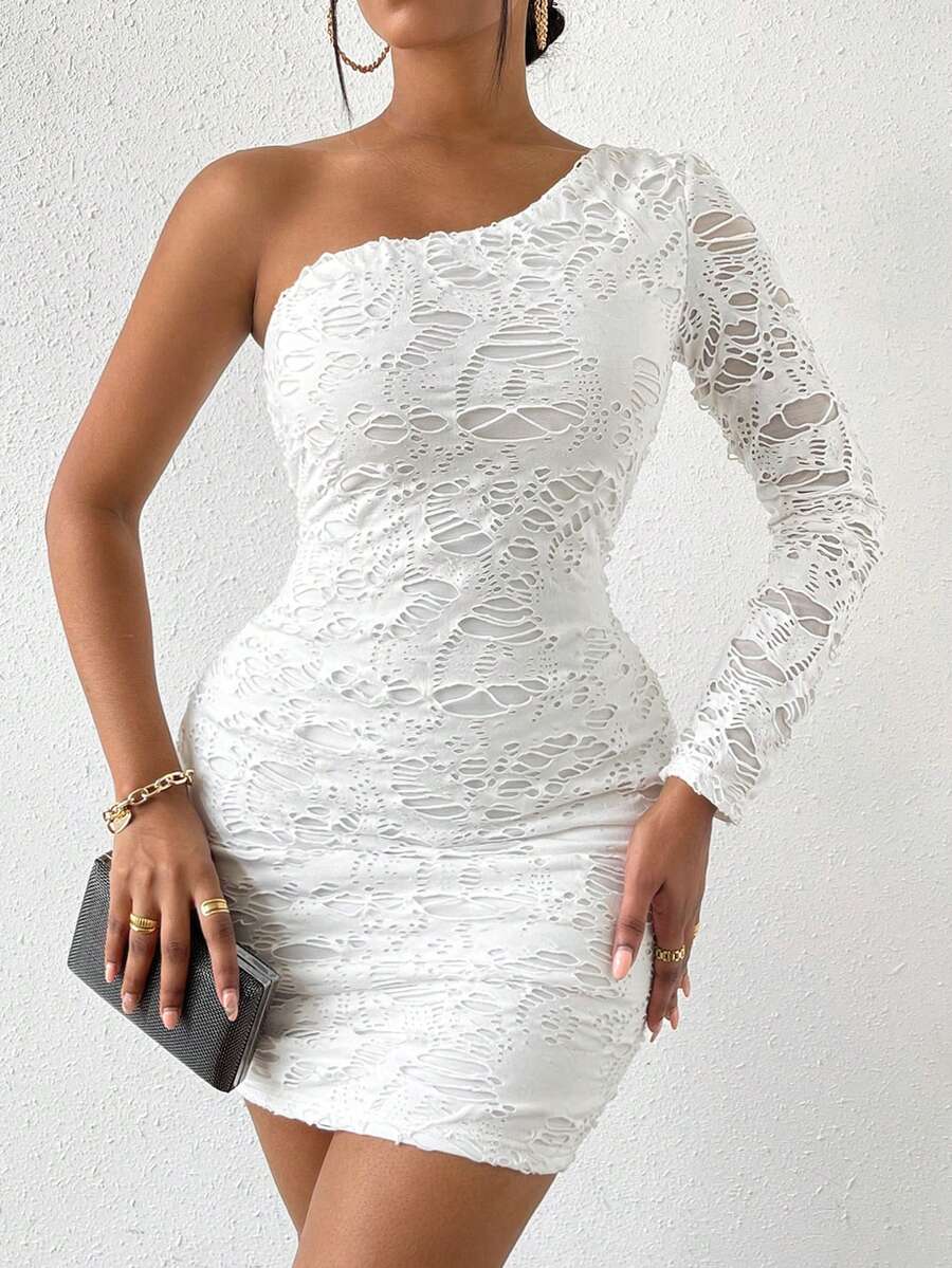 SHEIN LUNE 破洞單肩緊身連衣裙 - 白色 - 查看 1