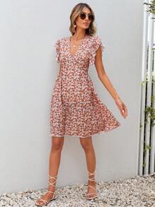 RueChic Ditsy Floral Print Ruffle Trim Dress - Multicolor - View 4