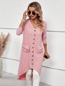 SHEIN LUNE Abrigo con doble bolsillo bajo irregular con botón delantero - Rosa - Ver 5