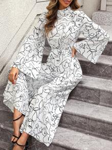 SHEIN Clasi 滿版印花喇叭袖闊腿連體褲 - 白色 - 查看 1