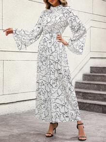 SHEIN Clasi 滿版印花喇叭袖闊腿連體褲 - 白色 - 查看 4