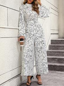 SHEIN Clasi 滿版印花喇叭袖闊腿連體褲 - 白色 - 查看 5