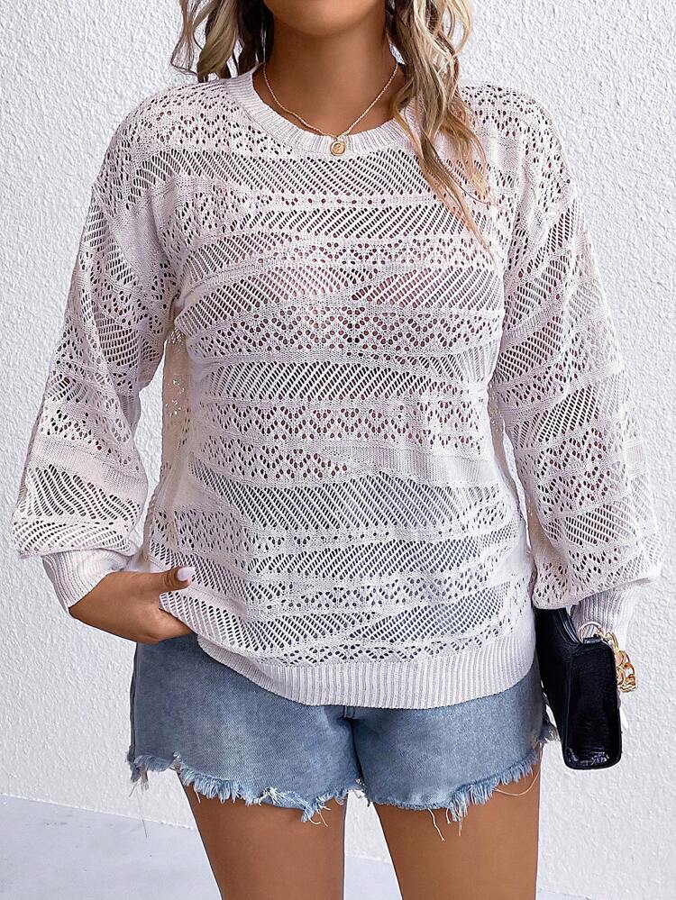 Plus Pointelle Knit Drop Shoulder Sweater Knit Pullover Fall Winter Sweater