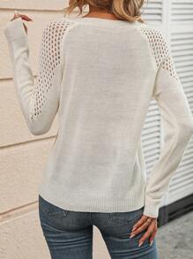 SHEIN LUNE 愛心圖案插肩袖網眼針織套頭毛衣 - 米色 - 查看 2