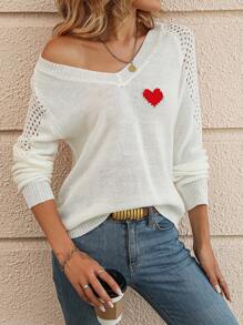 SHEIN LUNE 愛心圖案插肩袖網眼針織套頭毛衣 - 米色 - 查看 3