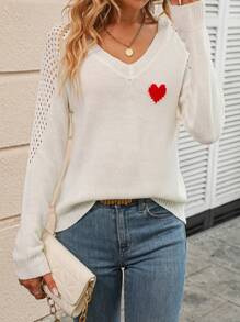 SHEIN LUNE 愛心圖案插肩袖網眼針織套頭毛衣 - 米色 - 查看 4