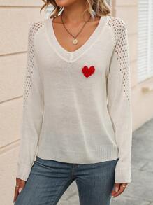 SHEIN LUNE 愛心圖案插肩袖網眼針織套頭毛衣 - 米色 - 查看 6