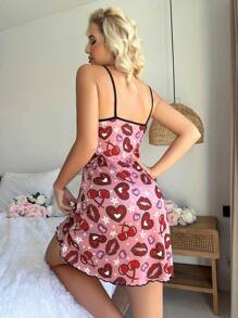 Brittany Frost Designs Heart Print Lettuce Trim Mesh Cami Nightdress