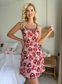 Brittany Frost Designs Heart Print Lettuce Trim Mesh Cami Nightdress