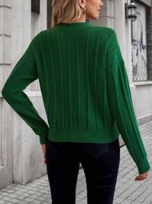 Solid Drop Shoulder V Neck Knit Pullover Fall Winter Sweater - Green - View 2