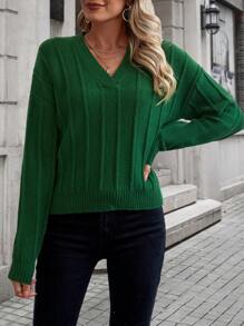 Solid Drop Shoulder V Neck Knit Pullover Fall Winter Sweater - Green - View 3