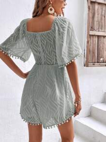 SHEIN Frenchy Áo liền quần nữ Cắt ra POM Pom xoắn lại màu trơn Boho - Màu xanh Bạc hà - Xem 2