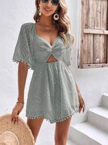 SHEIN Frenchy Áo liền quần nữ Cắt ra POM Pom xoắn lại màu trơn Boho - Màu xanh Bạc hà - Xem 4