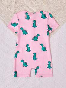 SHEIN Young Girl Graphic Print Knit Hooded Collar Short Sleeve Romper Pajama Set - Pink - View 2