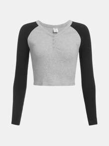 Cô Gái Tuổi Teen Dệt Kim Khối Màu Khoét Hở Nút Giả Mặt Trước Cổ Chữ V Raglan Tay Áo Thun Dài Tay - Màu Xám nhạt - Xem 1