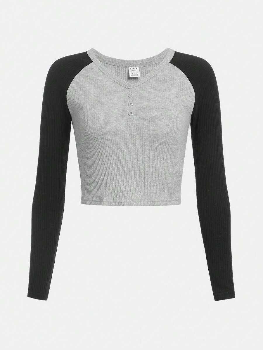 Cô Gái Tuổi Teen Dệt Kim Khối Màu Khoét Hở Nút Giả Mặt Trước Cổ Chữ V Raglan Tay Áo Thun Dài Tay - Màu Xám nhạt - Xem 1
