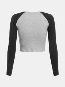 Cô Gái Tuổi Teen Dệt Kim Khối Màu Khoét Hở Nút Giả Mặt Trước Cổ Chữ V Raglan Tay Áo Thun Dài Tay - Màu Xám nhạt - Xem 2