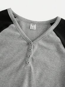 Cô Gái Tuổi Teen Dệt Kim Khối Màu Khoét Hở Nút Giả Mặt Trước Cổ Chữ V Raglan Tay Áo Thun Dài Tay - Màu Xám nhạt - Xem 4