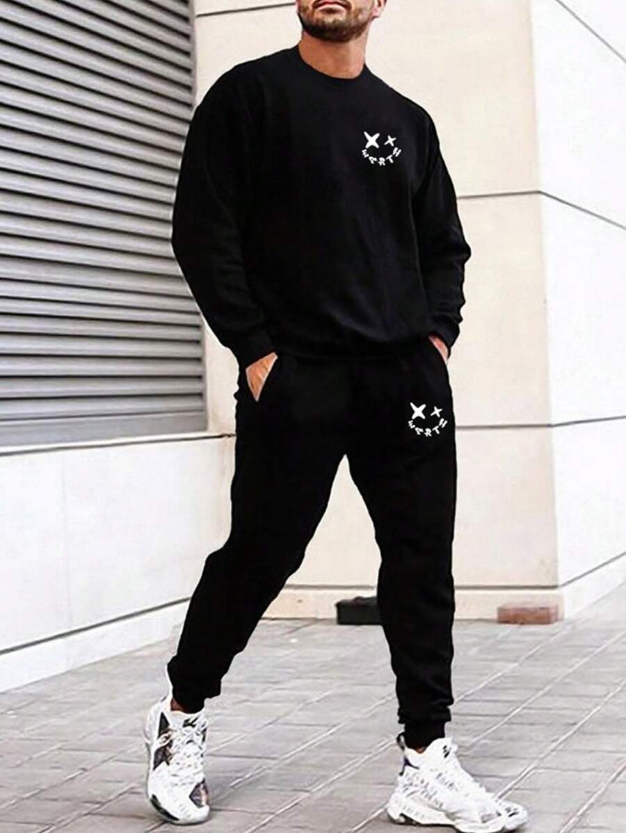 EURMUSE Men Letter Graphic Sweatshirt & Sweatpants - Black - View 1