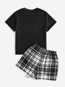 SHEIN Cô Gái Trẻ Tim & In kẻ sọc Bộ PJ - Đen và trắng - Xem 2