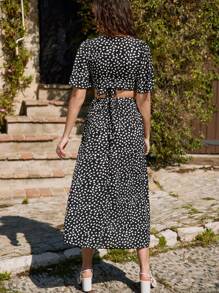 SHEIN Frenchy Allover Print Tie Side Wrap Top & Skirt Summer Black Black - Black - View 2