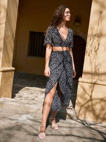 SHEIN Frenchy Allover Print Tie Side Wrap Top & Skirt Summer Black Black - Black - View 3