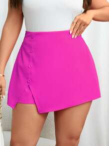 SHEIN Privé Plus Button Front Split Hem Skort - Hot Pink - View 1