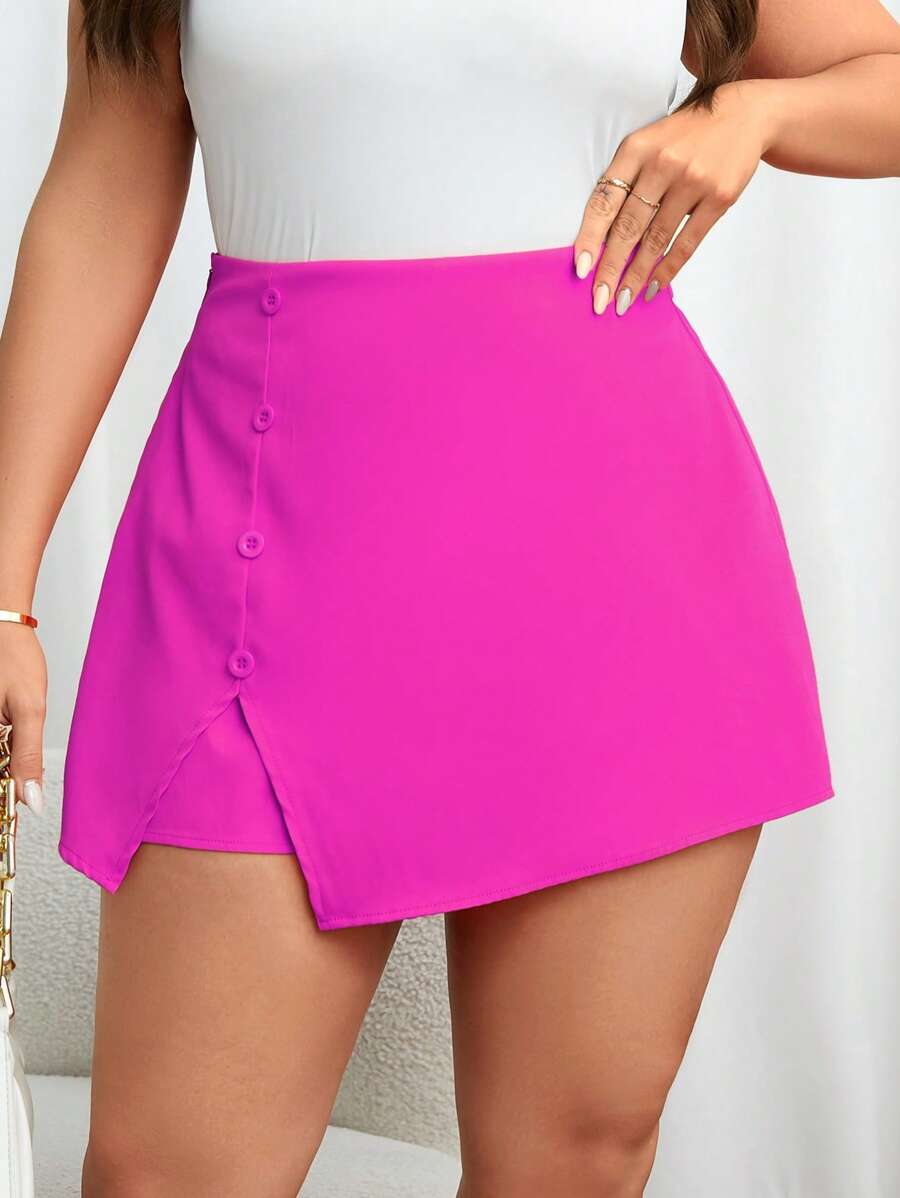 SHEIN Privé Plus Button Front Split Hem Skort - Hot Pink - View 1