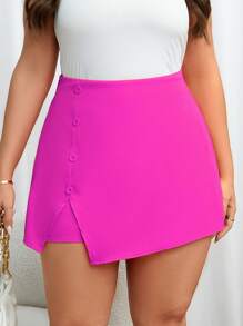 SHEIN Privé Plus Button Front Split Hem Skort - Hot Pink - View 3
