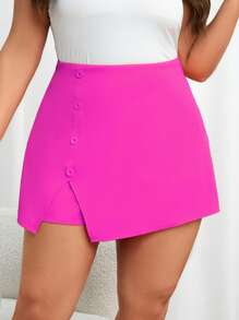 SHEIN Privé Plus Button Front Split Hem Skort - Hot Pink - View 5