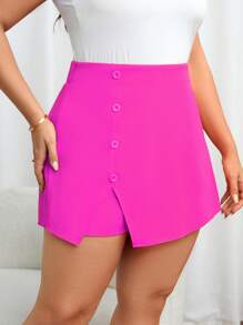 SHEIN Privé Plus Button Front Split Hem Skort - Hot Pink - View 6