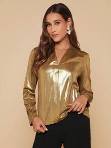 SHEIN Clasi Solid V Neck Metallic Blouse - Gold - View 6