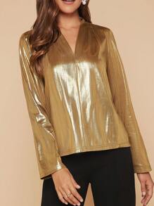 SHEIN Clasi Solid V Neck Metallic Blouse - Gold - View 4