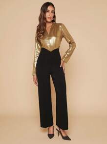 SHEIN Clasi Solid V Neck Metallic Blouse - Gold - View 5