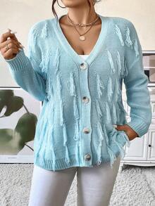 Calvaya 大碼流蘇邊落肩袖開襟衫 - 淺藍色 - 查看 5