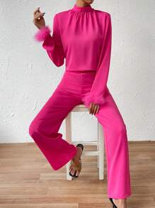 SHEIN LUNE Fuzzy Cuff Mock Neck Blouse & Wide Leg Pants - Hot Pink - View 3