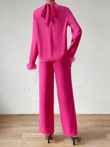 SHEIN LUNE Fuzzy Cuff Mock Neck Blouse & Wide Leg Pants - Hot Pink - View 2