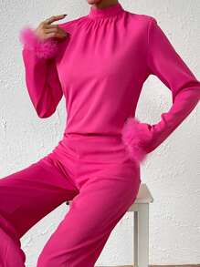 SHEIN LUNE Fuzzy Cuff Mock Neck Blouse & Wide Leg Pants - Hot Pink - View 4