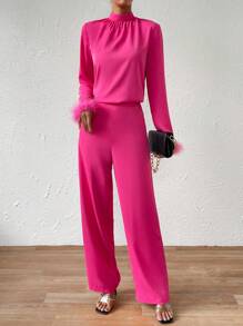SHEIN LUNE Fuzzy Cuff Mock Neck Blouse & Wide Leg Pants - Hot Pink - View 1