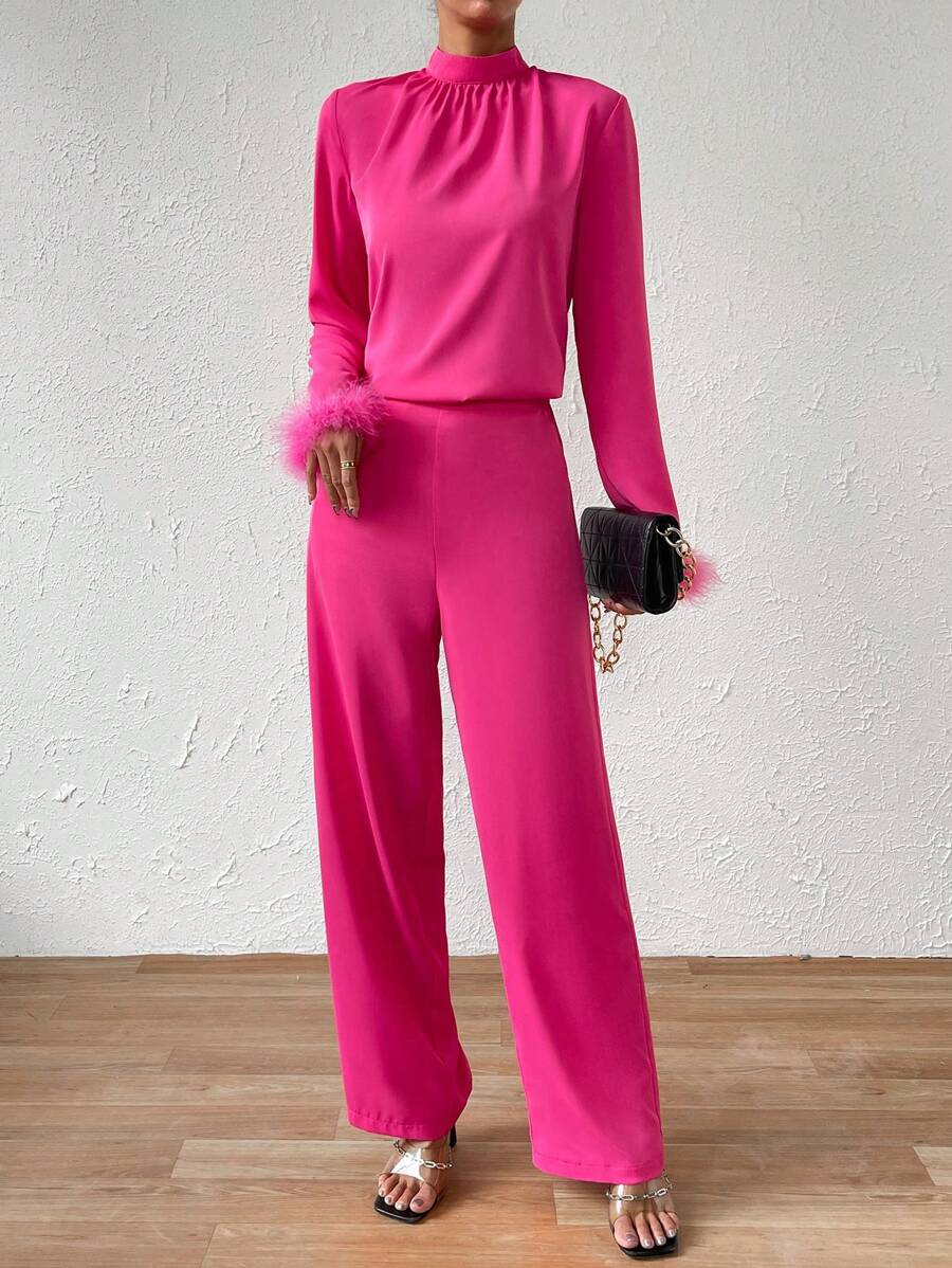 SHEIN LUNE Fuzzy Cuff Mock Neck Blouse & Wide Leg Pants - Hot Pink - View 1