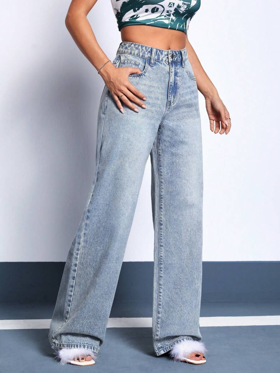 SHEIN Unity 高腰闊腿牛仔褲 - 藍色 - 查看 1