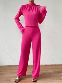 SHEIN LUNE Fuzzy Cuff Mock Neck Blouse & Wide Leg Pants - Hot Pink - View 6
