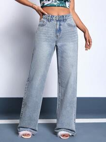 SHEIN Unity 高腰闊腿牛仔褲 - 藍色 - 查看 3