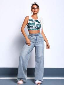 SHEIN Unity 高腰闊腿牛仔褲 - 藍色 - 查看 4