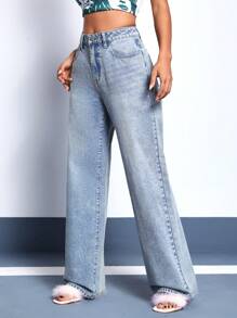 SHEIN Unity 高腰闊腿牛仔褲 - 藍色 - 查看 5