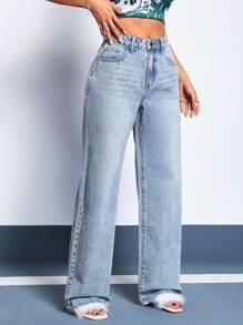 SHEIN Unity 高腰闊腿牛仔褲 - 藍色 - 查看 6