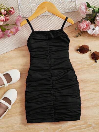 SHEIN Young Girl Solid Color  Summer Sundress With Ruffled Straps