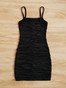 SHEIN Young Girl Solid Color  Summer Sundress With Ruffled Straps - Black - View 2